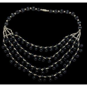 Vintage Gothic Black Glass And Silver Tone Beaded Layered Necklace